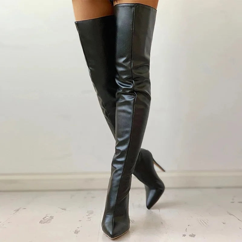 Womens Knee High Heel Boots with Pointed Toe zipper