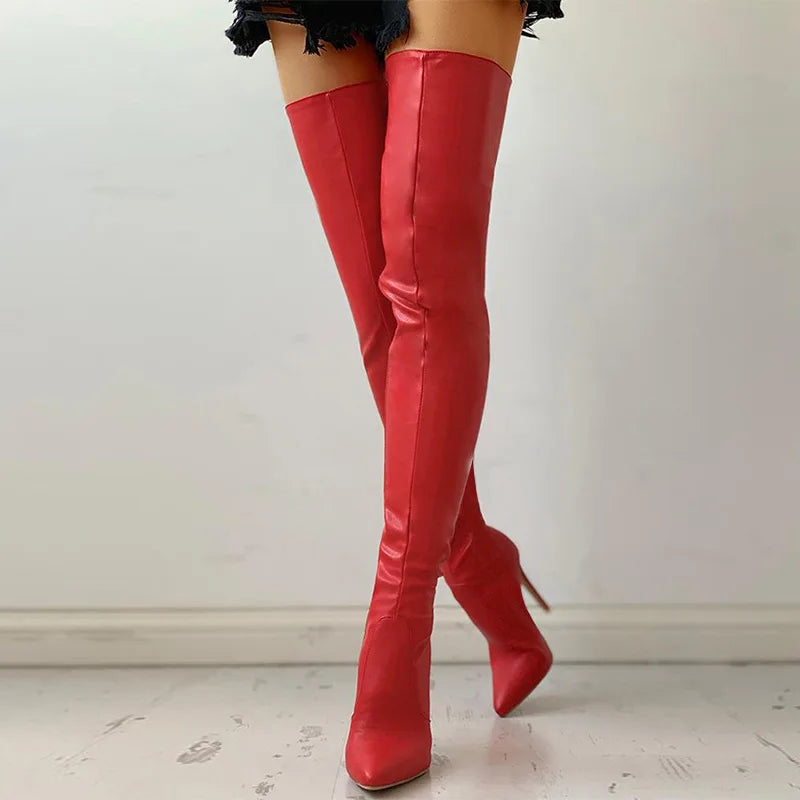 Womens Knee High Heel Boots with Pointed Toe zipper