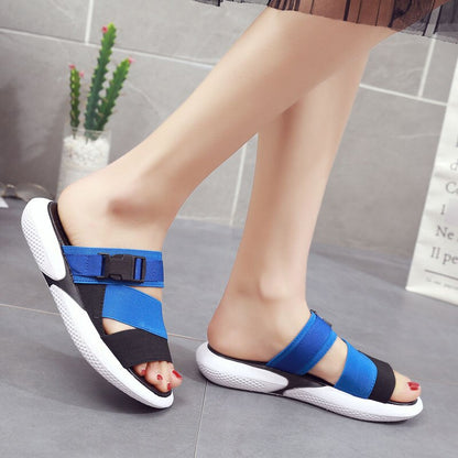 Fashion open toe sports sandals T-shaped buckle thick heel platform shoes 2020 women's summer flat casual shoes women's slippers
