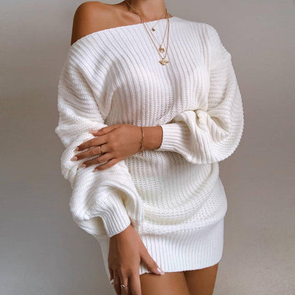 Ladies off-the-shoulder lantern sleeve knitted sweater or dress