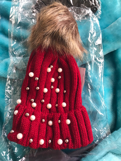 Red Hat with Imitation Pearls and Fur