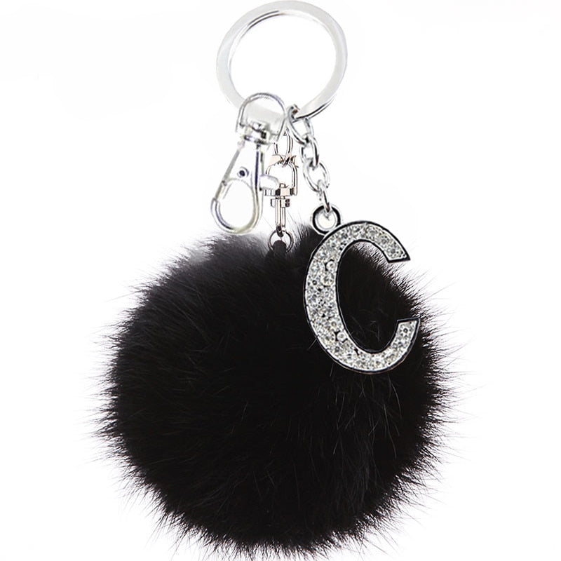 Fluffy Black Pompom Faux Rabbit Fur Ball Keychains with Crystal Letter